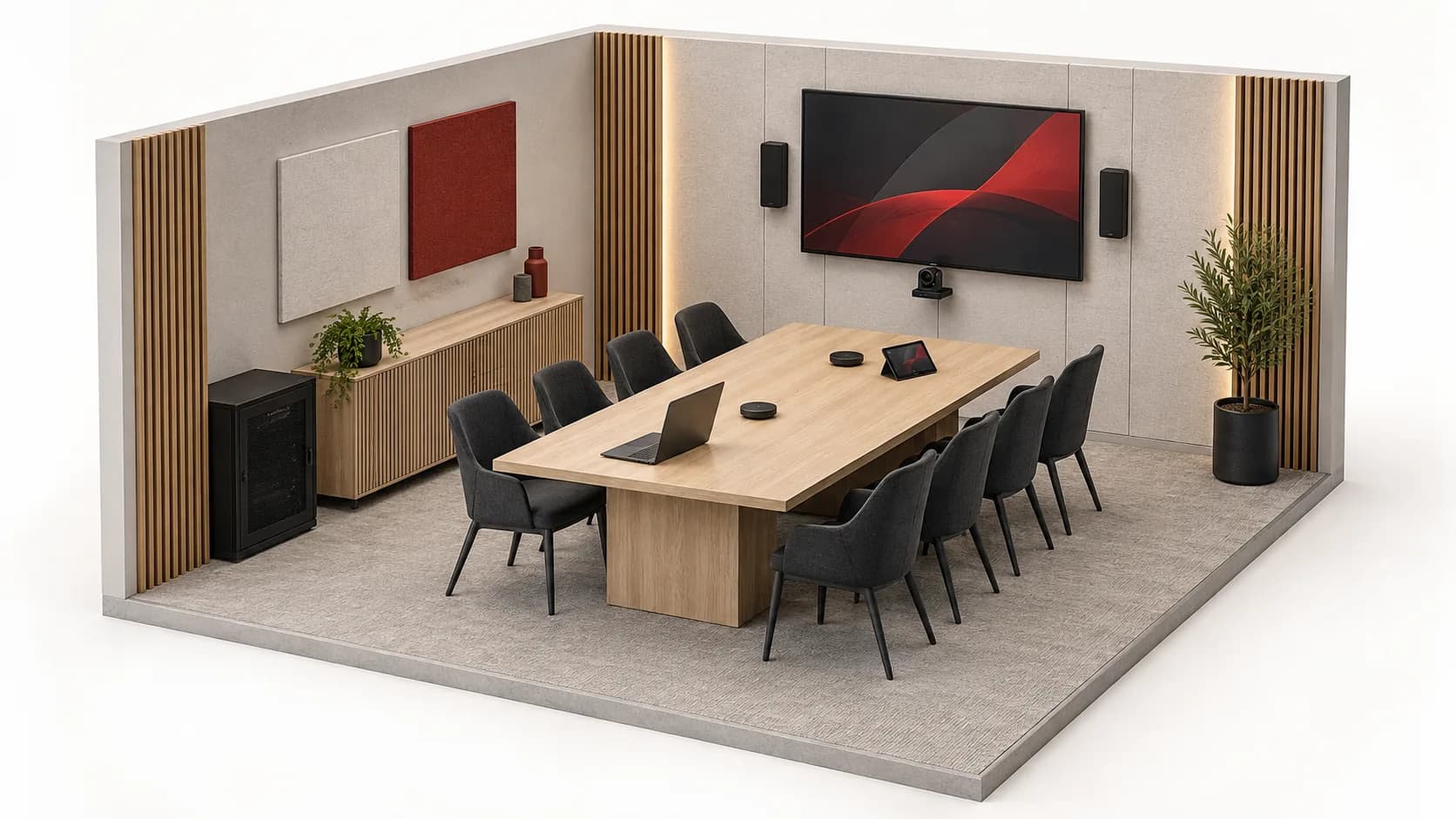 Vue en coupe d’une salle de huit places : microphones sur table, ordinateur, écran, caméra, enceintes murales et baie audiovisuelle.