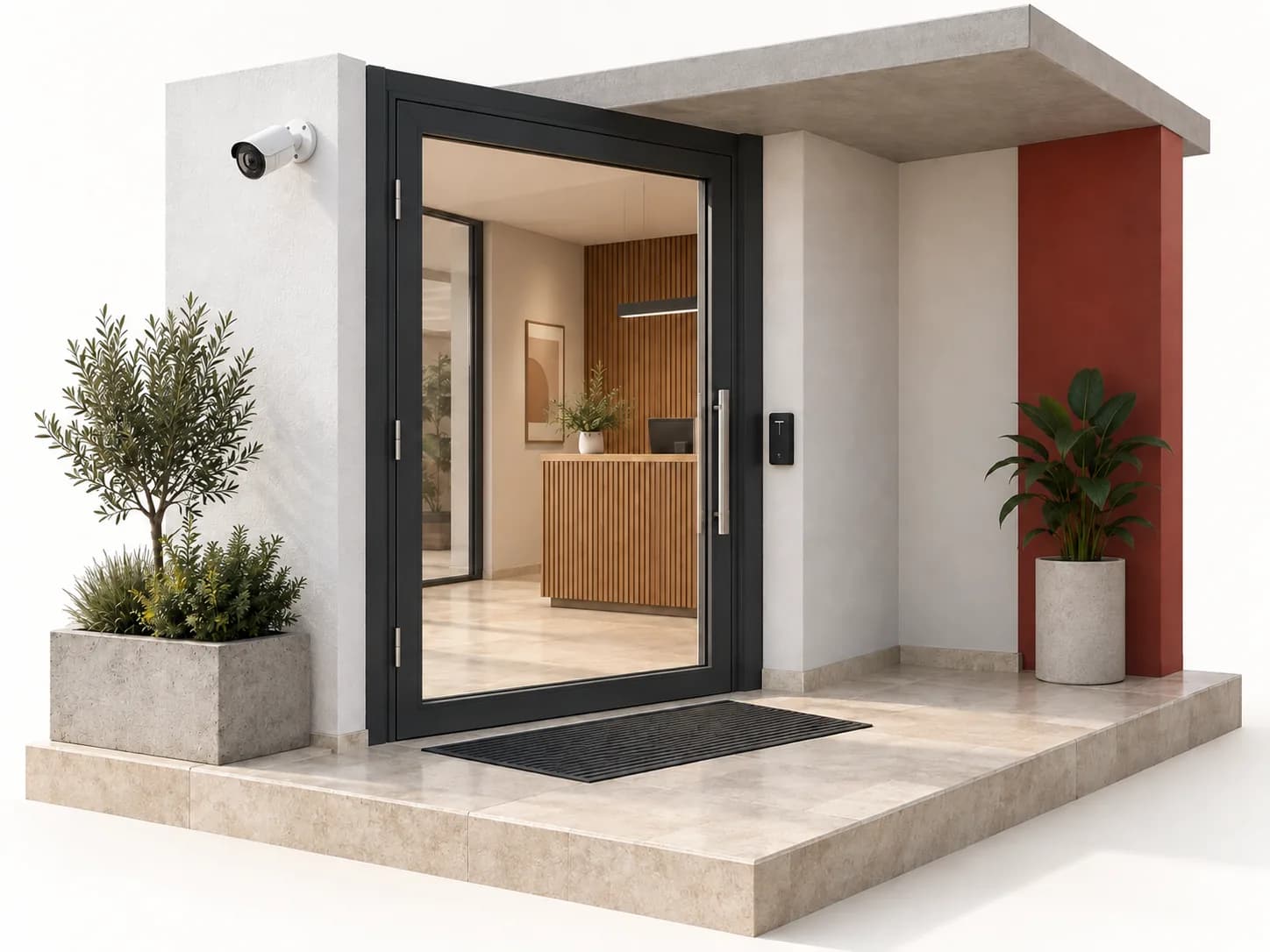 Entrée architecturale illustrative avec une caméra extérieure et un lecteur d’accès près de la porte.